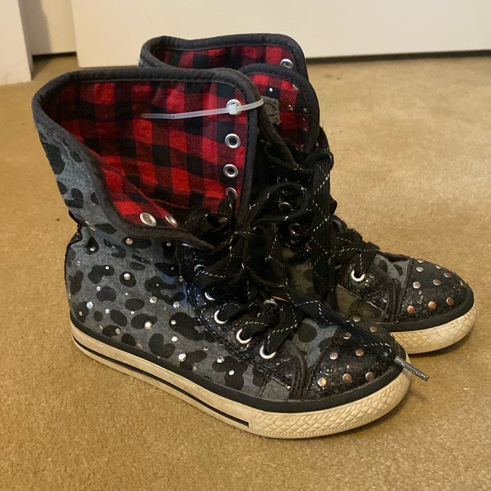 Justice Hi Tops-Size 13-Leopard print, studs, glitter, with red flannel inside!